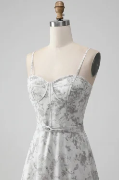 Branco marrom flor espaguete correias uma linha vestido de dama de honra com babados