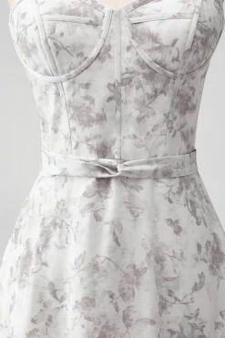 Branco marrom flor espaguete correias uma linha vestido de dama de honra com babados