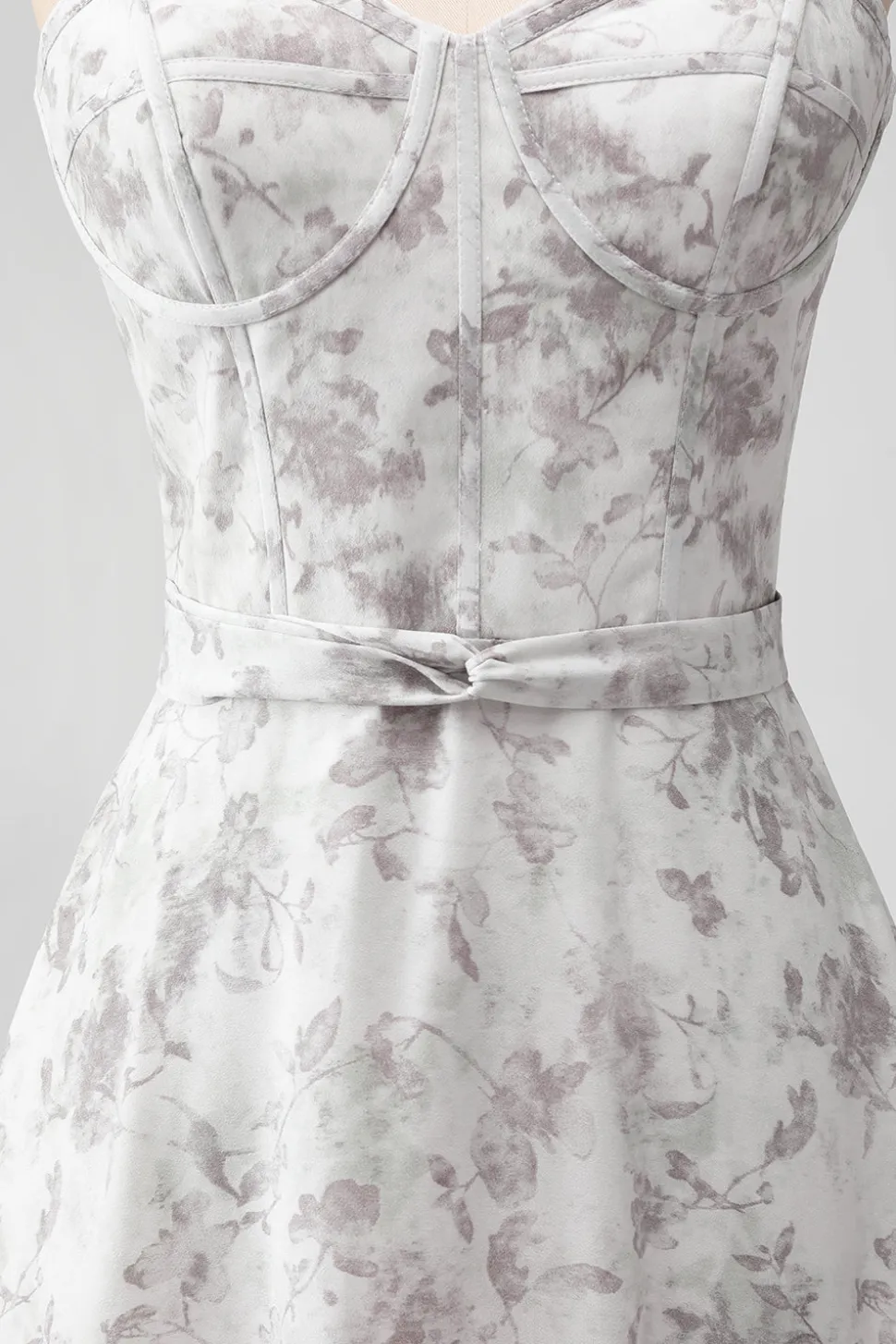 Branco marrom flor espaguete correias uma linha vestido de dama de honra com babados