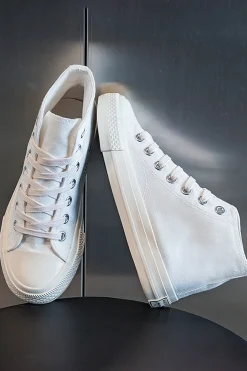 Branco Mid Top Lace Up Ténis de Lona