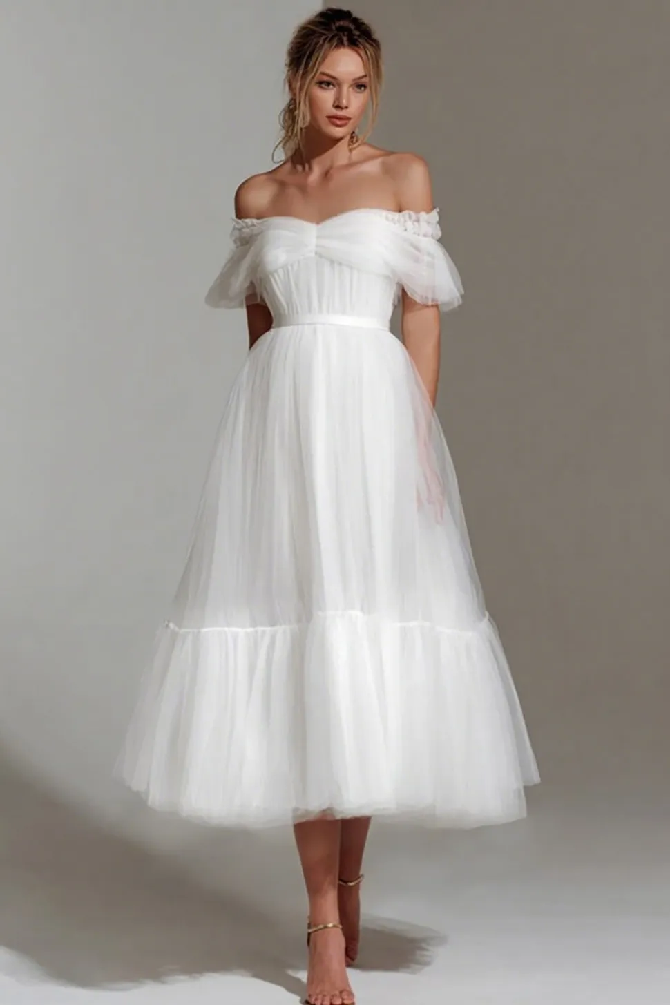 Branco Off The Shoulder A Line Midi Courthouse Vestido de Noiva