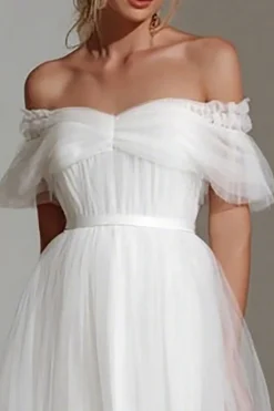 Branco Off The Shoulder A Line Midi Courthouse Vestido de Noiva