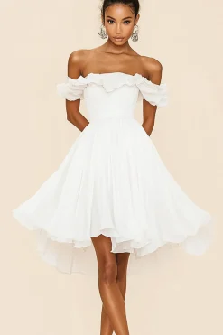 Branco Off The Shoulder A Line Ruffles Vestido de Formatura