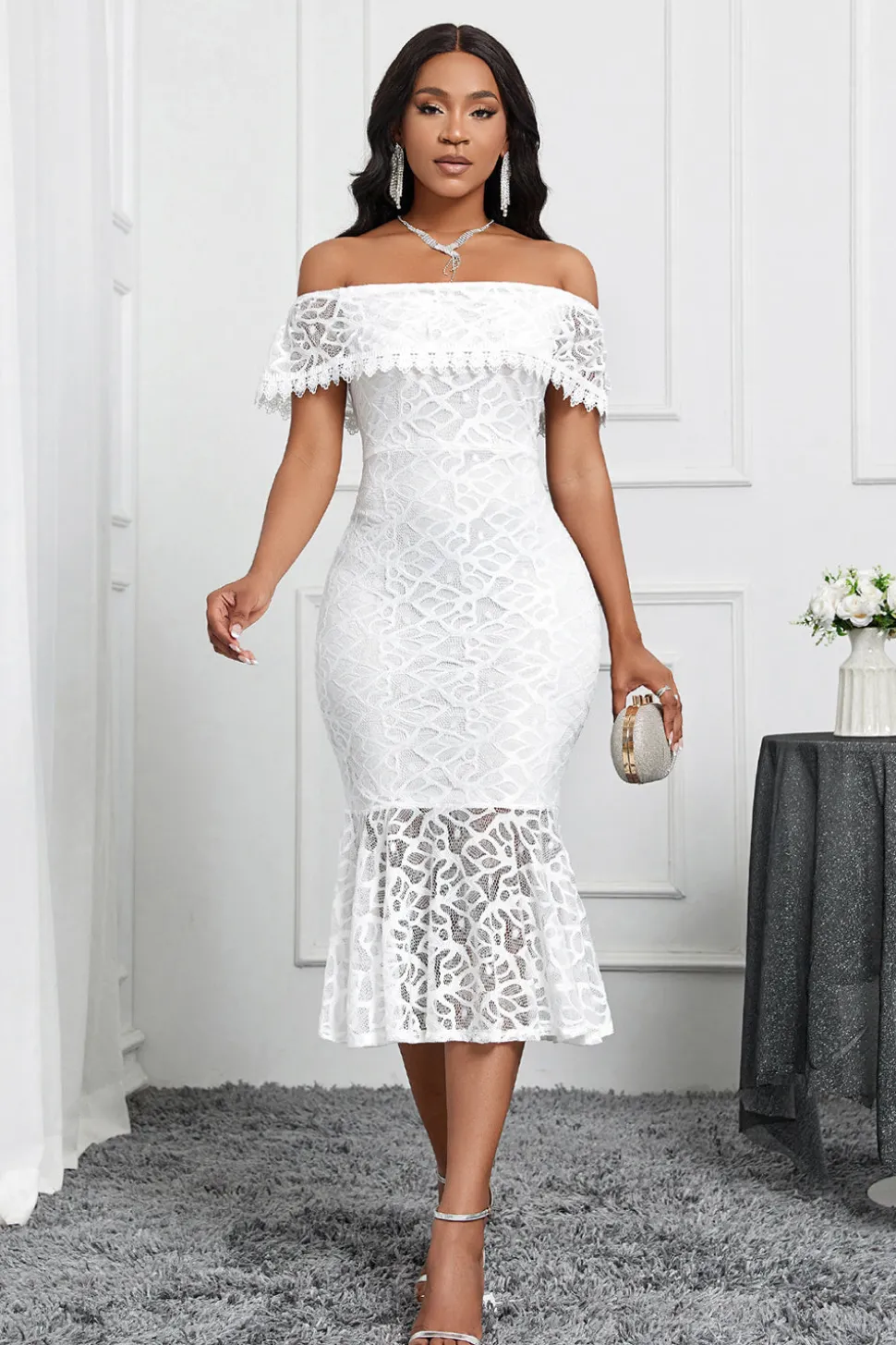 Branco Off the Shoulder Sereia Ruffle Tea Length Party Dress