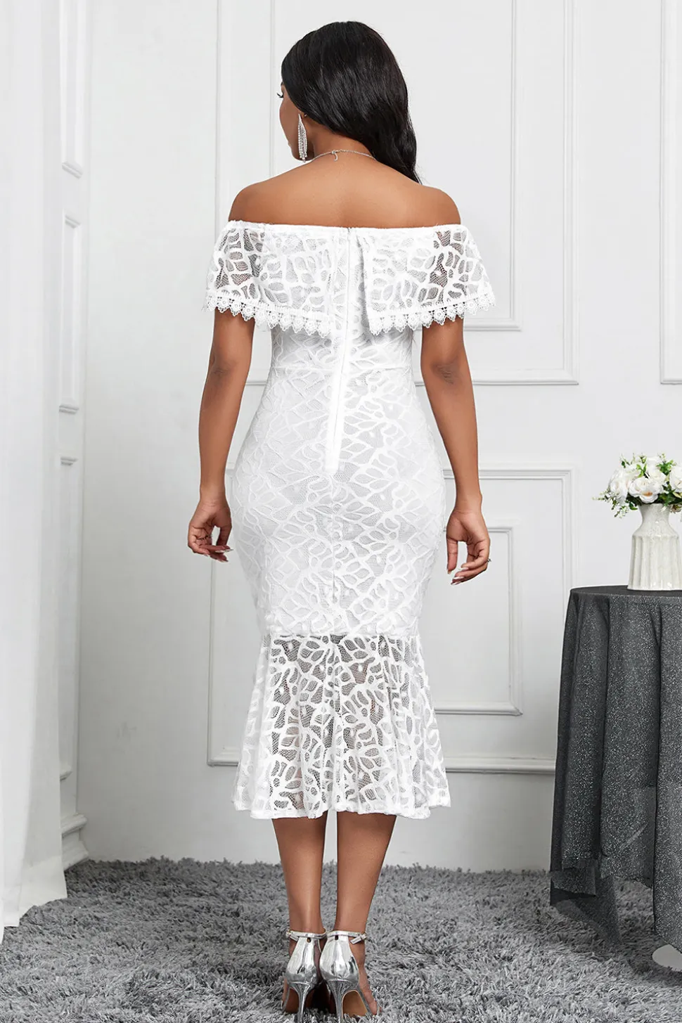 Branco Off the Shoulder Sereia Ruffle Tea Length Party Dress
