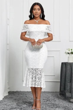 Branco Off the Shoulder Sereia Ruffle Tea Length Party Dress
