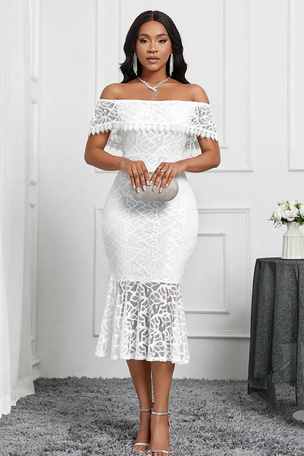 Branco Off the Shoulder Sereia Ruffle Tea Length Party Dress
