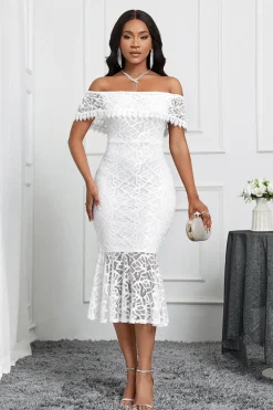 Branco Off the Shoulder Sereia Ruffle Tea Length Party Dress