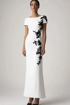 Branco Pescoço de Barco Bainha Apliques Longo Vestidos Cerimónia