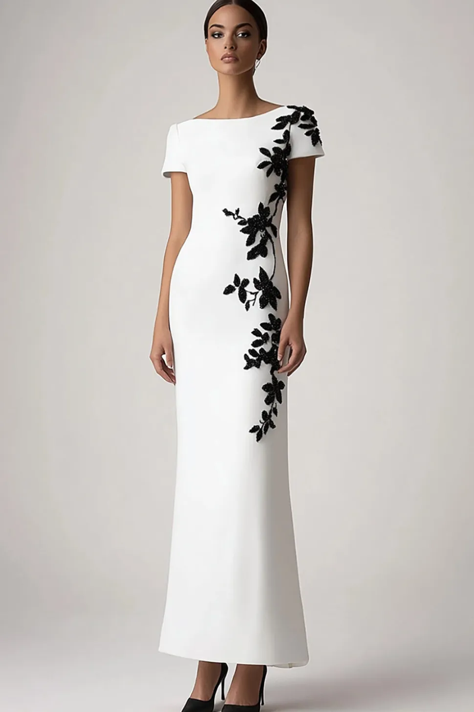 Branco Pescoço de Barco Bainha Apliques Longo Vestidos Cerimónia
