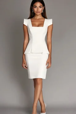 Branco Pescoço Quadrado Bodycon Midi Vestidos Cerimónia