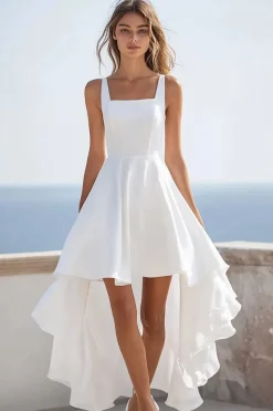 Branco Pescoço Quadrado Linha-A Assimétrico Vestidos de Noiva
