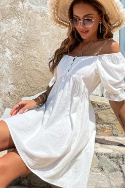 Branco Pescoço Quadrado Mini Vestido de Formatura Mangas Curtas