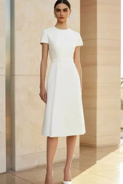 Branco pescoço redondo encaixado lápis reto midi vestido formal