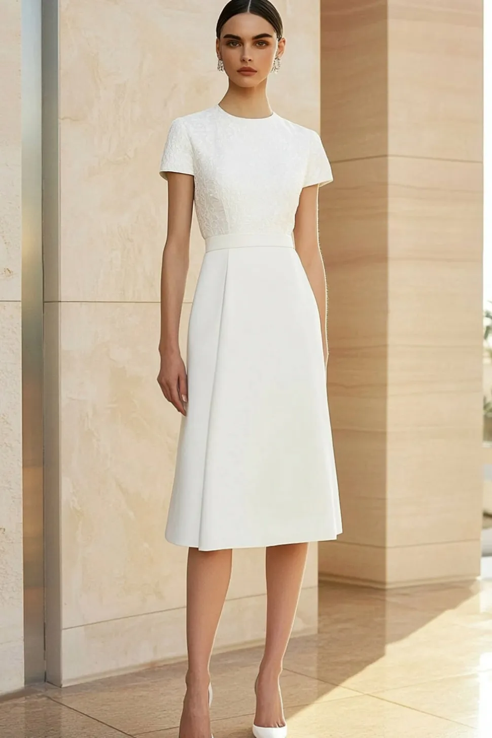 Branco pescoço redondo encaixado lápis reto midi vestido formal