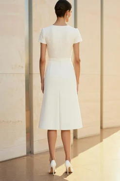 Branco pescoço redondo encaixado lápis reto midi vestido formal