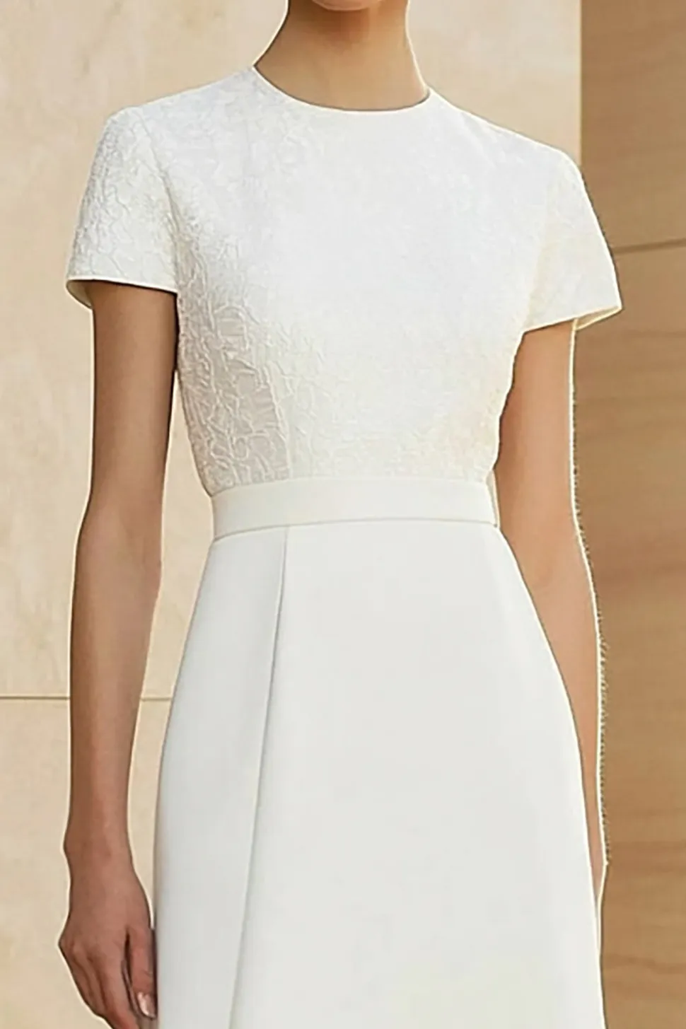 Branco pescoço redondo encaixado lápis reto midi vestido formal