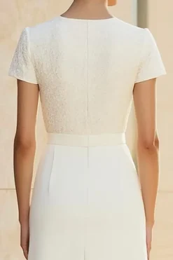 Branco pescoço redondo encaixado lápis reto midi vestido formal