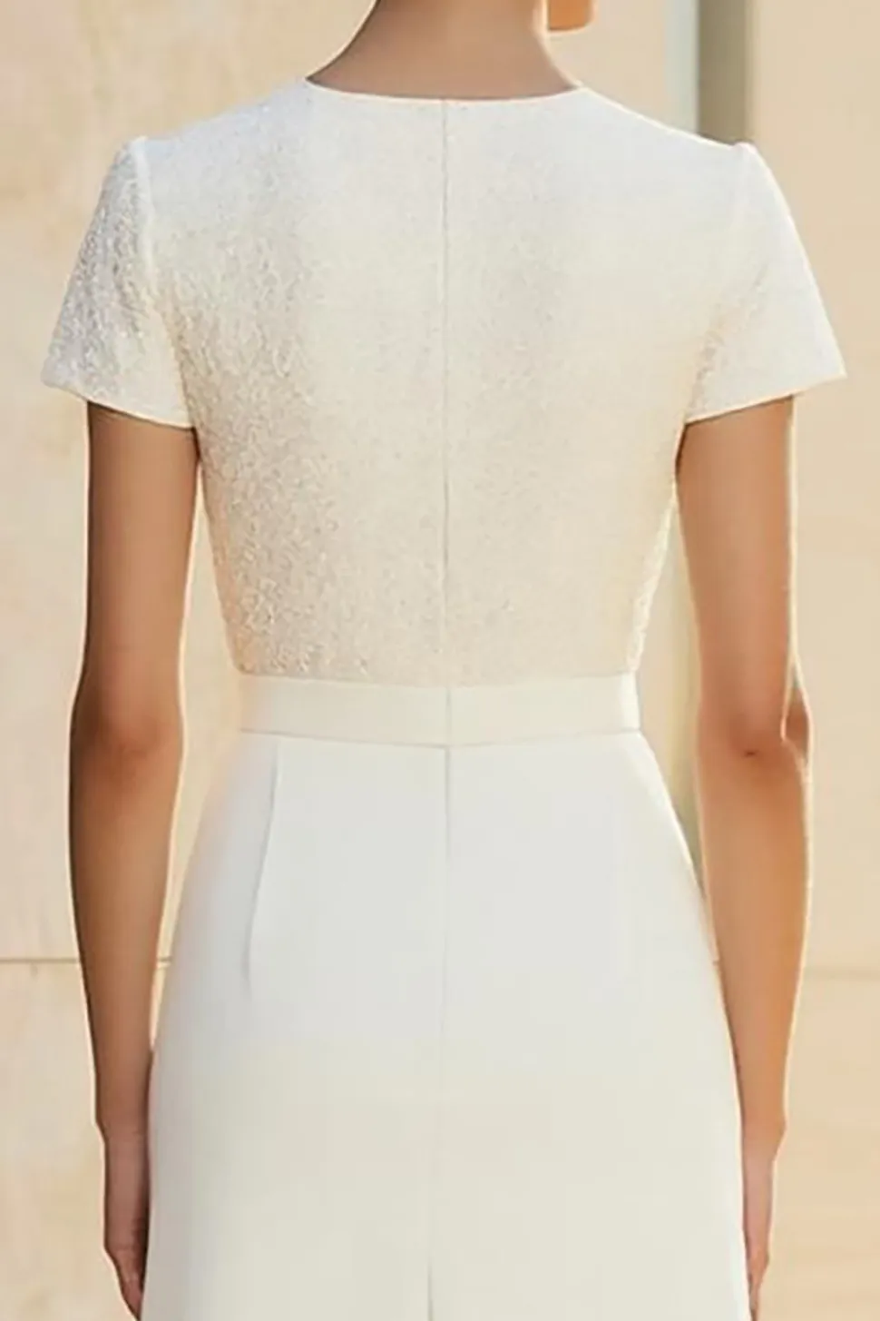 Branco pescoço redondo encaixado lápis reto midi vestido formal