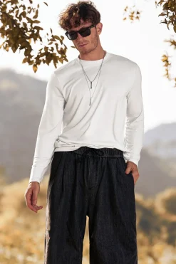 Branco Pescoço Redondo Manga Longa Camisa Masculina Bottoming
