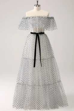 Branco Preto A-Line Dot Off-the-Shoulder Prom Dress