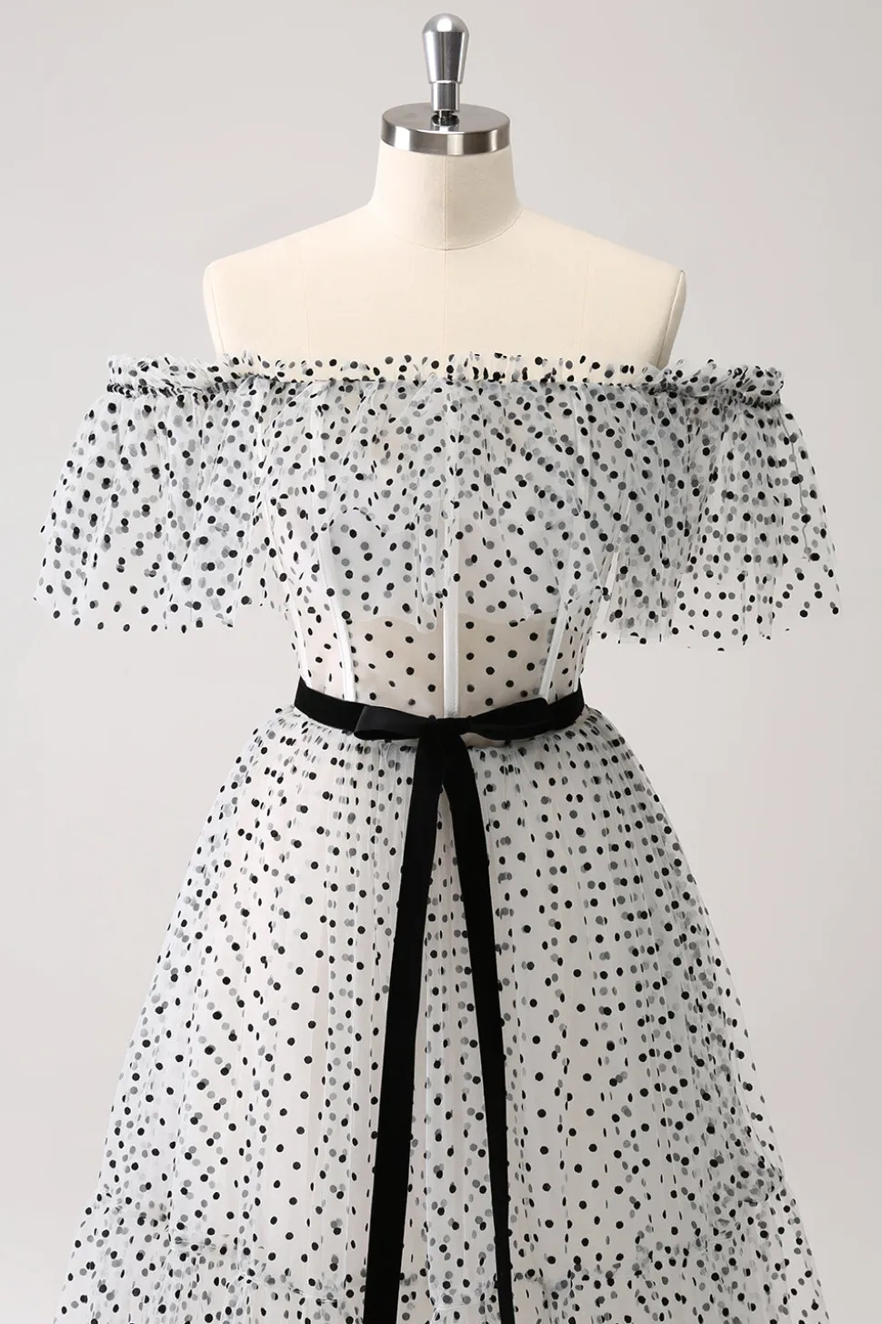 Branco Preto A-Line Dot Off-the-Shoulder Prom Dress