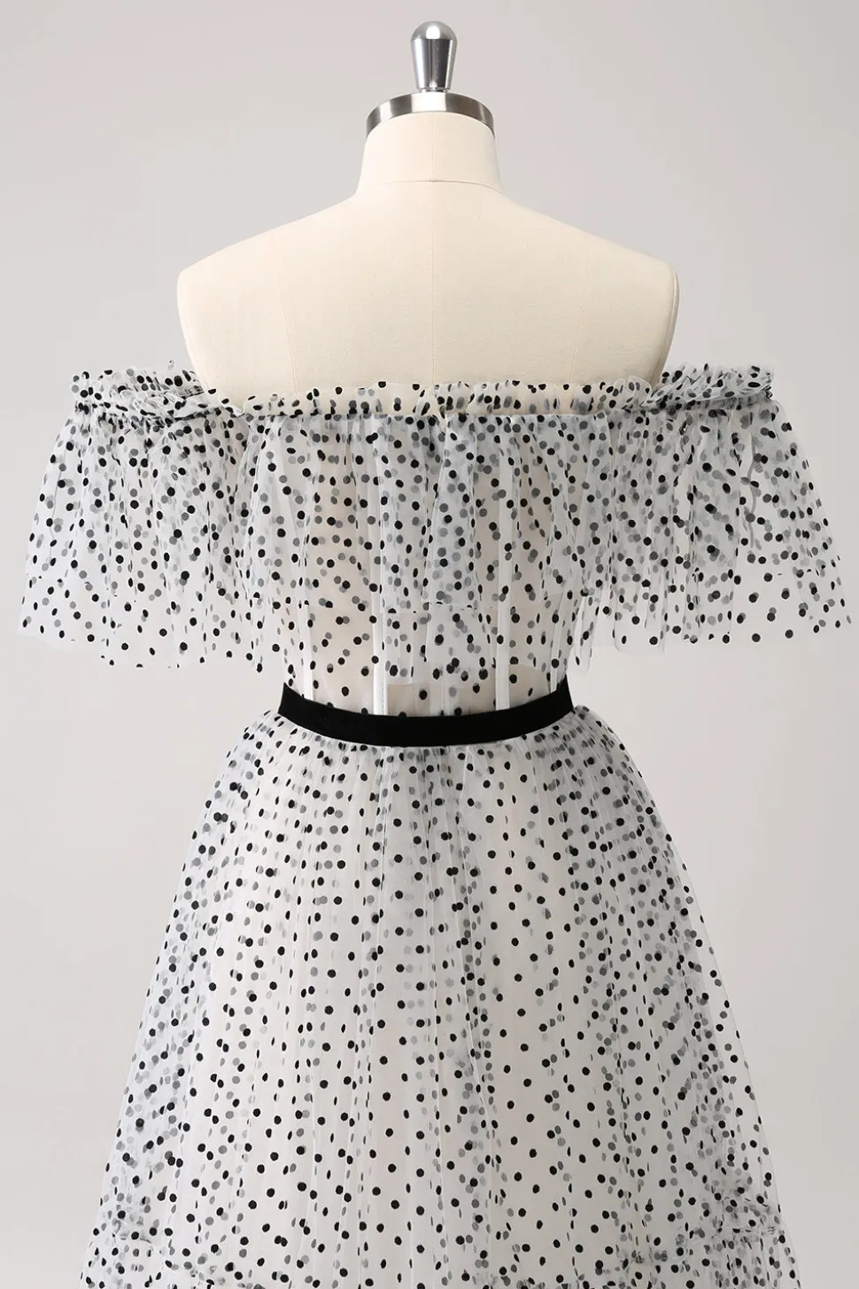 Branco Preto A-Line Dot Off-the-Shoulder Prom Dress
