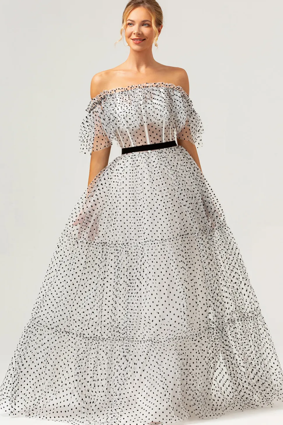 Branco preto A-Line fora do ombro longo vestido de baile com ponto
