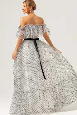 Branco preto A-Line fora do ombro longo vestido de baile com ponto