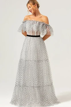 Branco preto A-Line fora do ombro longo vestido de baile com ponto