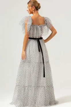 Branco preto A-Line fora do ombro longo vestido de baile com ponto