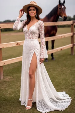 Branco Renda Decote em V Sweep/Brush Trem Vestido de Noiva Boho com Fenda