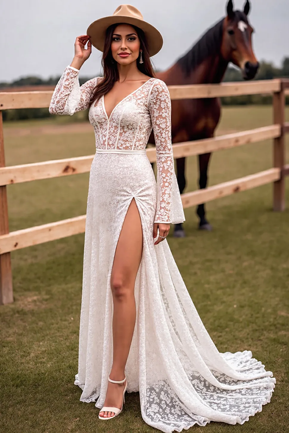 Branco Renda Decote em V Sweep/Brush Trem Vestido de Noiva Boho com Fenda