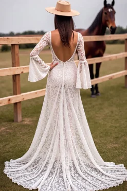 Branco Renda Decote em V Sweep/Brush Trem Vestido de Noiva Boho com Fenda