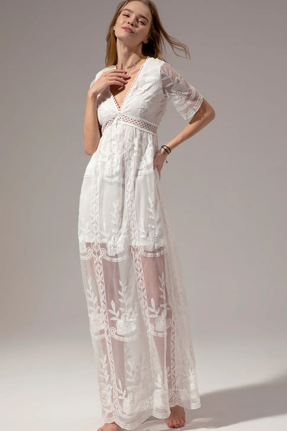 Branco Renda Vestido de Verão