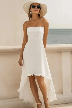 Branco Sem Alças Assimétrico Vestido de Noiva com Folhos