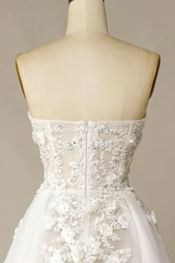 Branco Sem Alças Linha-A Vestido de Noiva com Apliques