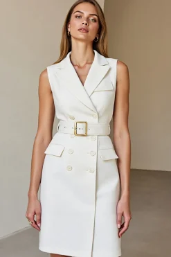 Branco Sem Mangas Lápis Lapela Entalhada Midi Vestido Trabalho