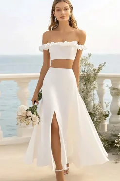 Branco sem ombros Plissado 2 peças vestido de noiva com fenda