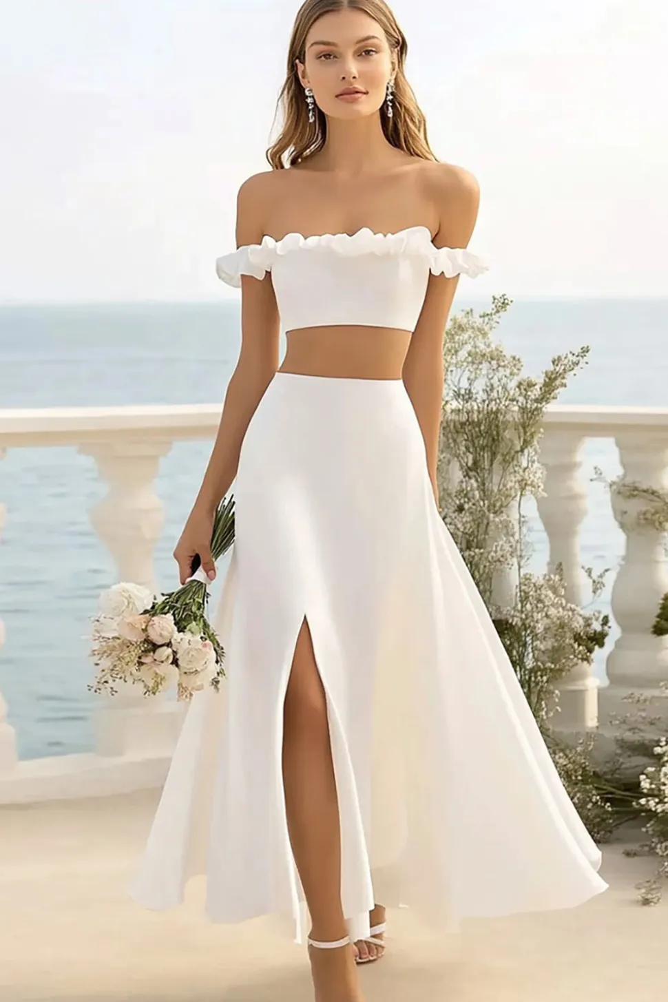 Branco sem ombros Plissado 2 peças vestido de noiva com fenda