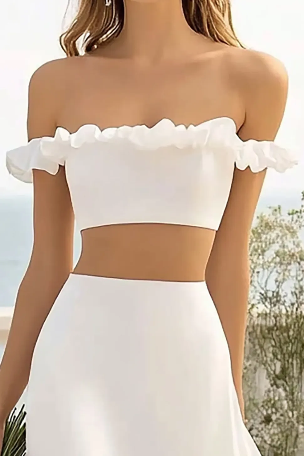 Branco sem ombros Plissado 2 peças vestido de noiva com fenda