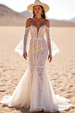 Branco Sem Ombros Trompete/sereia Sweep/Brush Trem Vestido de Noiva Boho