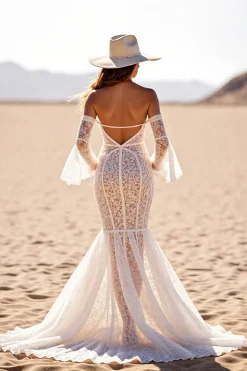 Branco Sem Ombros Trompete/sereia Sweep/Brush Trem Vestido de Noiva Boho