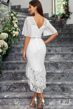 Branco Sereia Renda mangas curtas Ruffle High-Low Dress