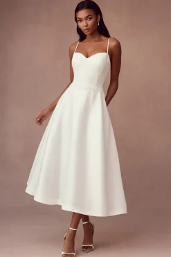 Branco simples uma linha de cetim espaguete alças vestido de noiva