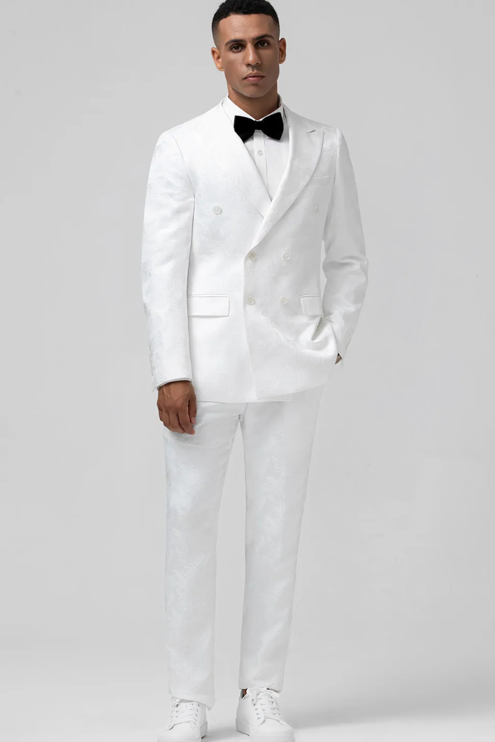 Branco Slim Fit Pico Lapela Jacquard Peito Duplo 2 Peças Ternos Masculinos