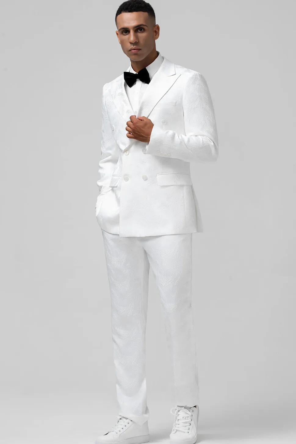 Branco Slim Fit Pico Lapela Jacquard Peito Duplo 2 Peças Ternos Masculinos