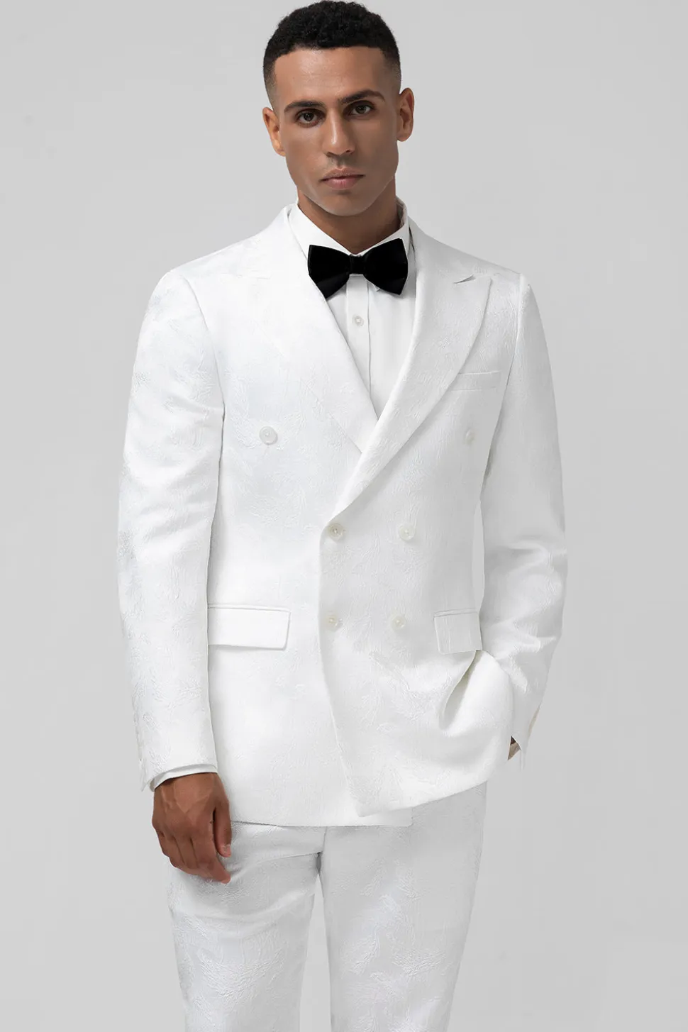 Branco Slim Fit Pico Lapela Jacquard Peito Duplo 2 Peças Ternos Masculinos