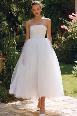 Branco Strapless Uma Linha Tulle Midi Courthouse Vestido de Noiva