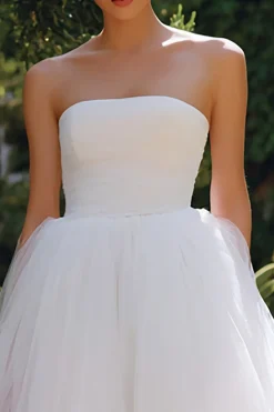 Branco Strapless Uma Linha Tulle Midi Courthouse Vestido de Noiva